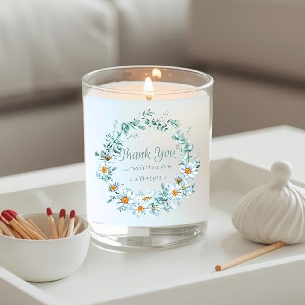 Thank you daisy flowers candle gift set with a scented candle and chocolate hearts