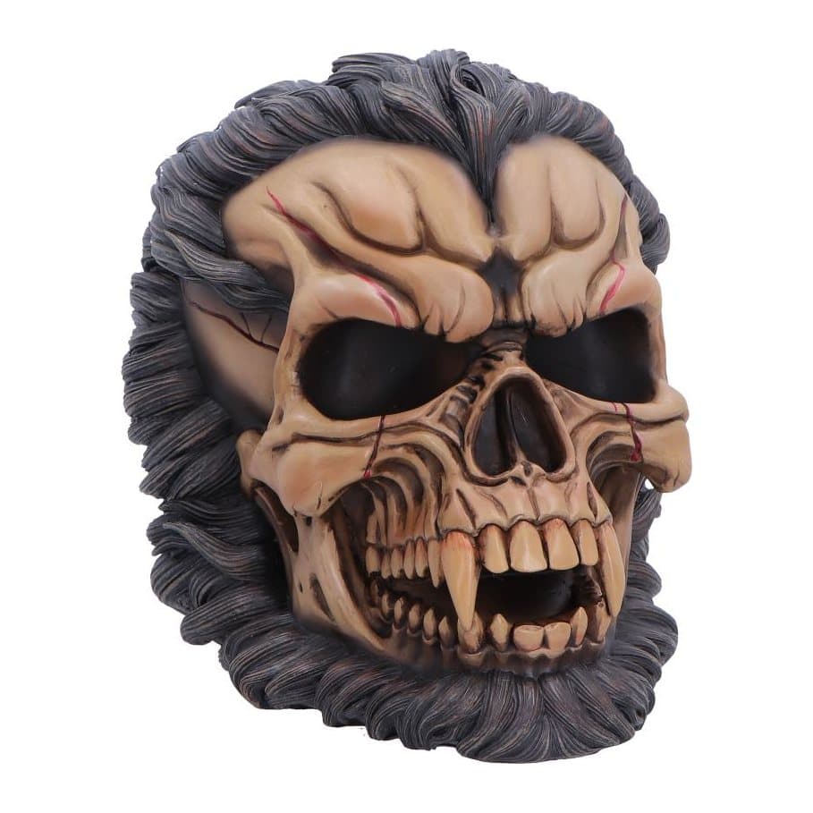 Hand-painted werewolf skull ornament with dark fur accents and sharp teeth