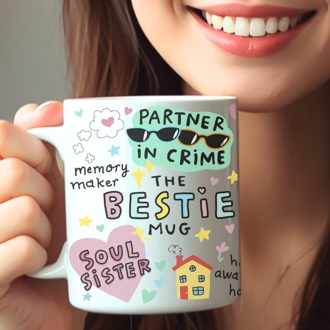 Personalised bestie mug with colourful phrases printed on the ceramic