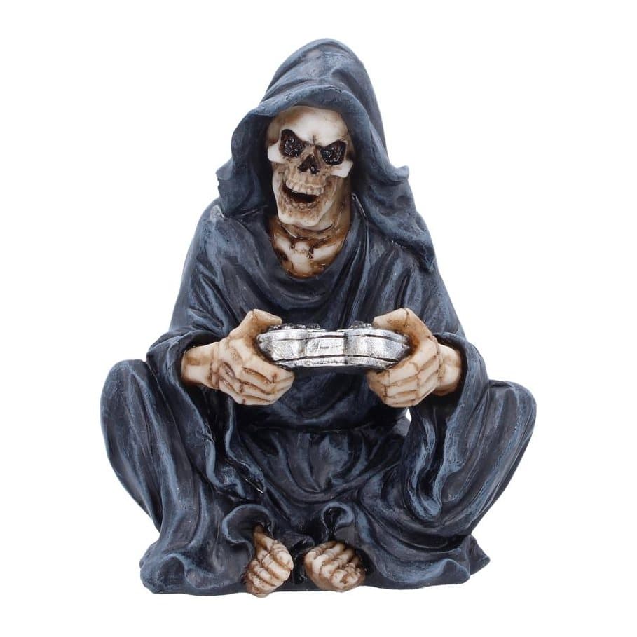 Grim Reaper gaming figurine holding a game controller, in a black cloak with grey accents
