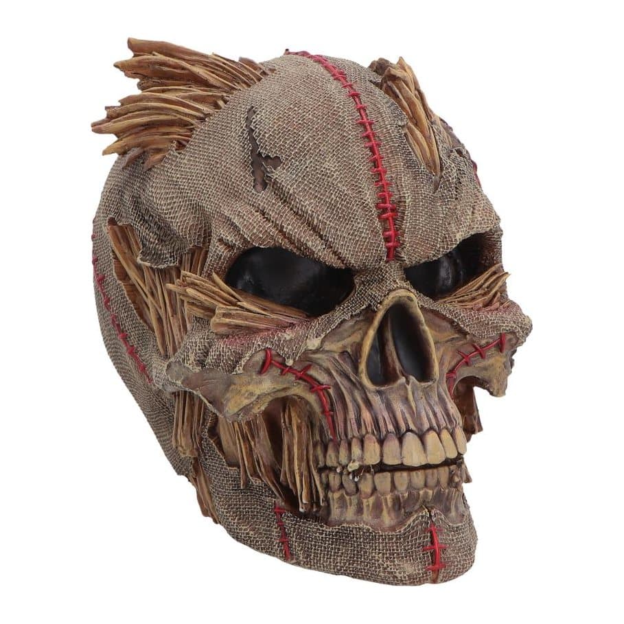 Keeper of the Harvest scarecrow skull ornament with straw and red stitching