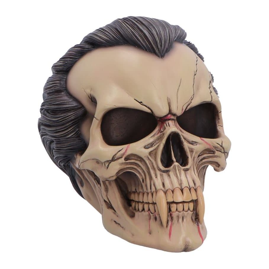 Dracula skull ornament with slicked-back black hair and sharp fangs
