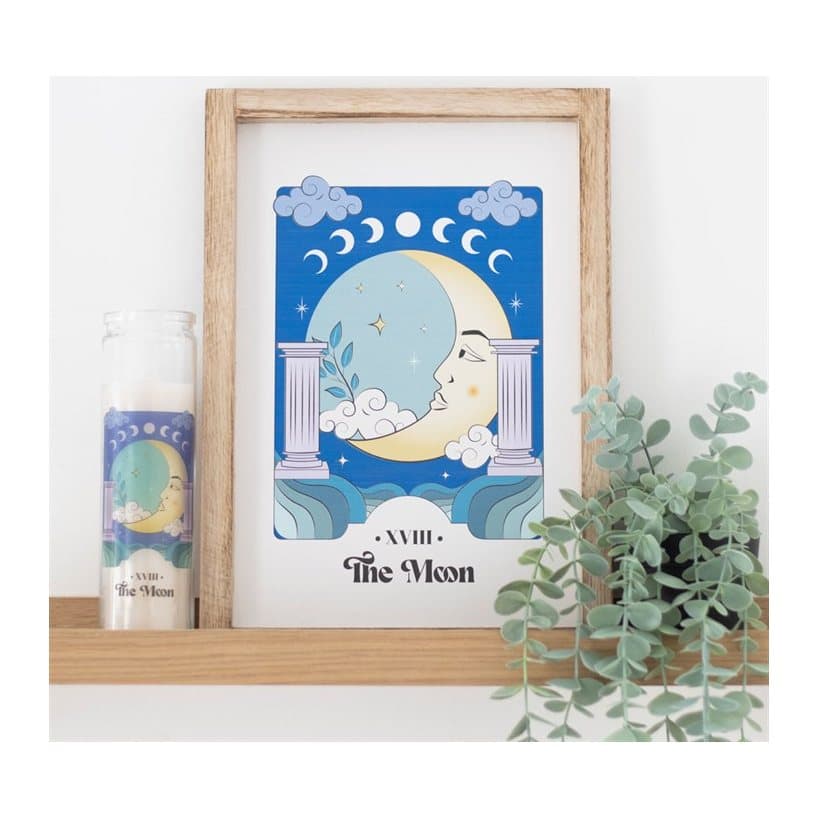 Framed The Moon celestial art print with a serene illustration
