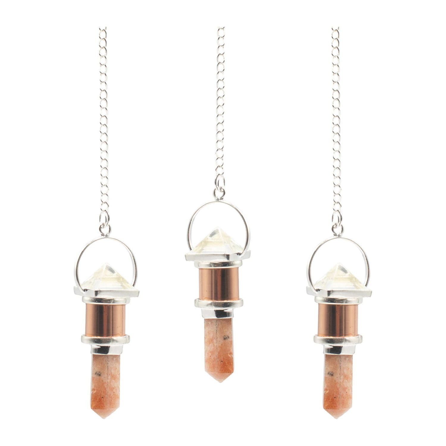 Copper pendulum with a clear quartz pyramid at the top and a sunstone point below