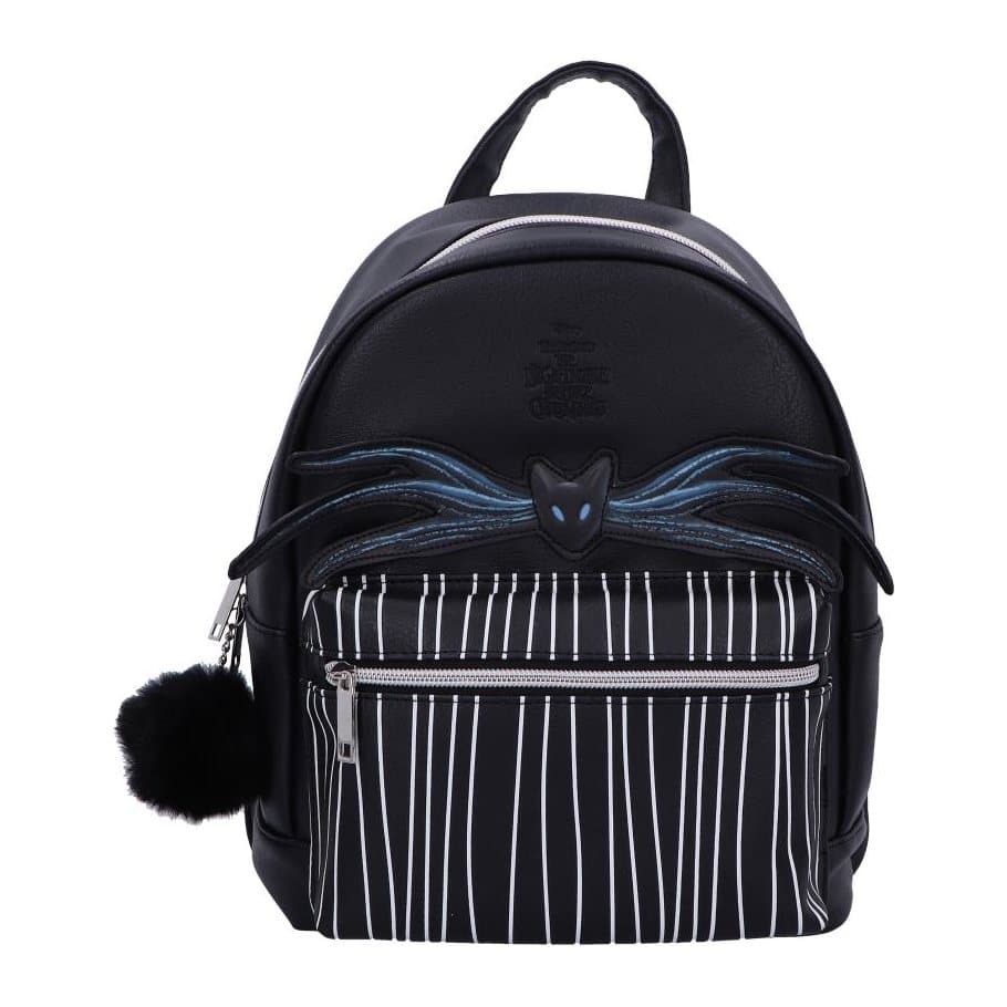 Jack Skellington backpack with white pinstripes and a black cat design
