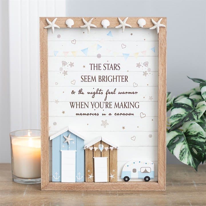 Pastel caravan wall plaque with wooden frame, beach huts and starfish accents