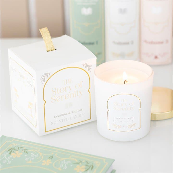 Coconut and vanilla jar candle in white packaging with a gold-coloured lid