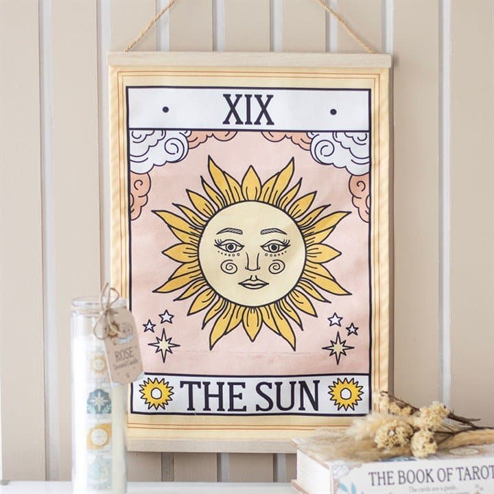The Sun tarot card cotton wall hanging with a celestial design and twine loop