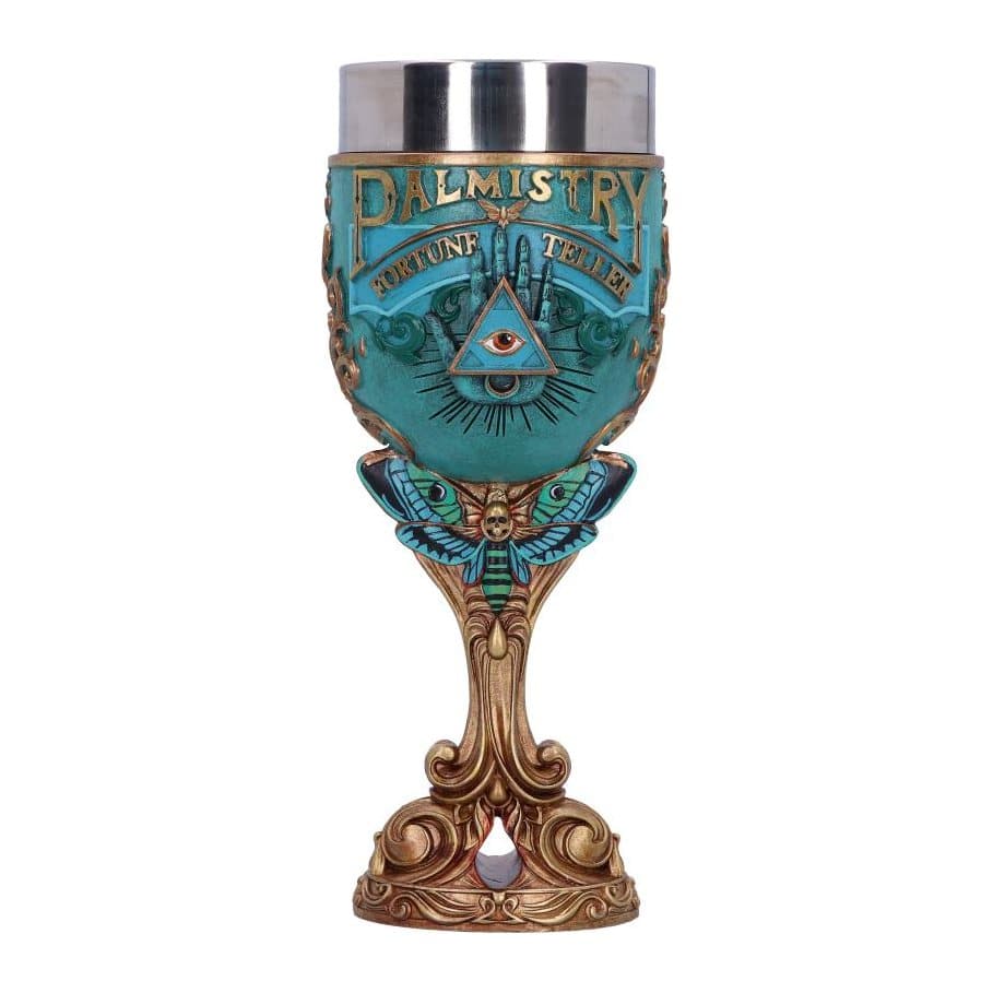 Aqua blue and gold resin goblet with a palm and Eye of Providence design
