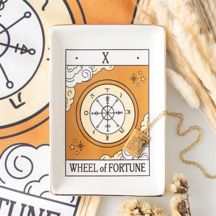 Wheel of Fortune vintage tarot trinket dish in ceramic with gold edging