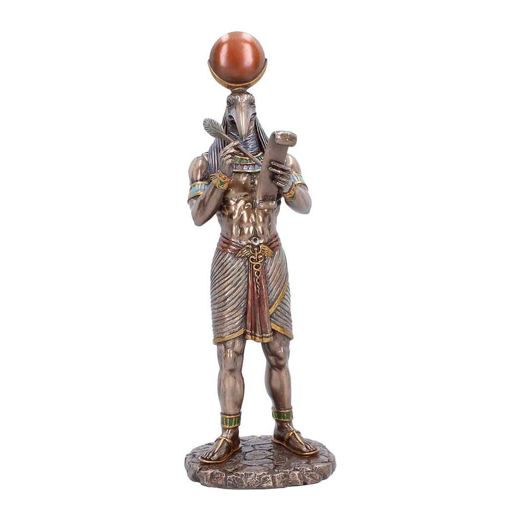 Thoth God of Knowledge figurine standing and reading a scroll, in a bronze finish