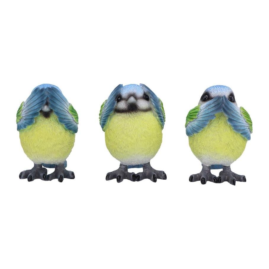 Three hand-painted blue tit figurines in see, hear and speak no evil poses