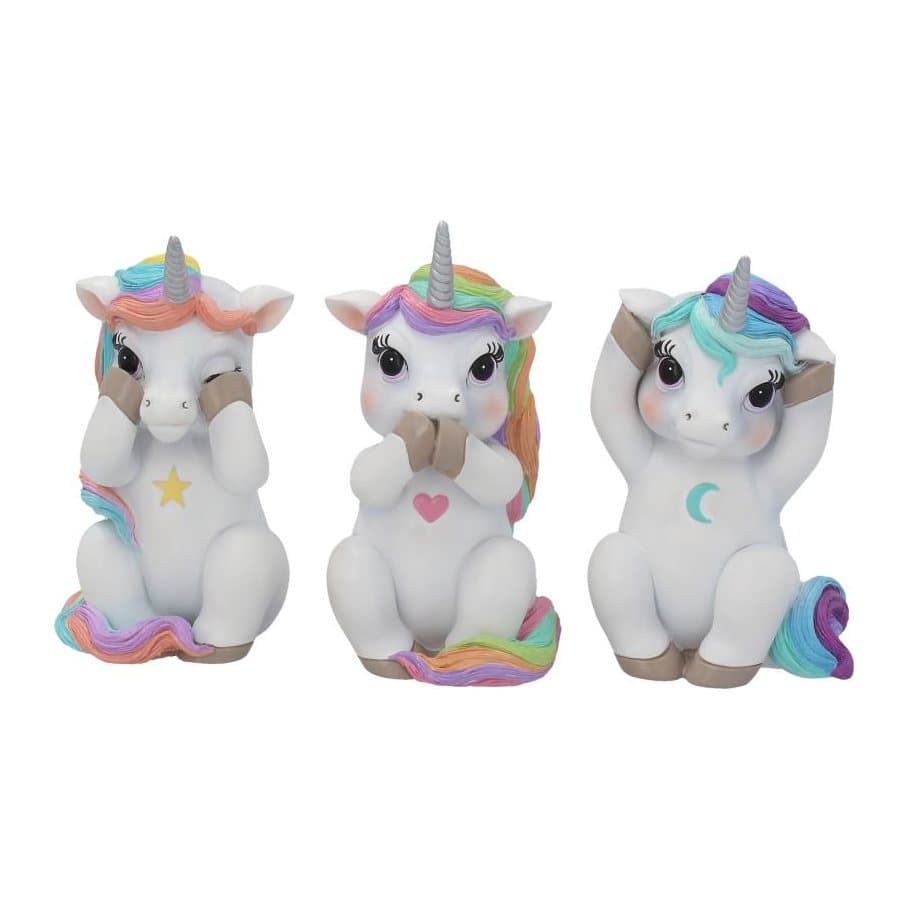 Three resin cutiecorn unicorn figurines in see, speak and hear no evil poses
