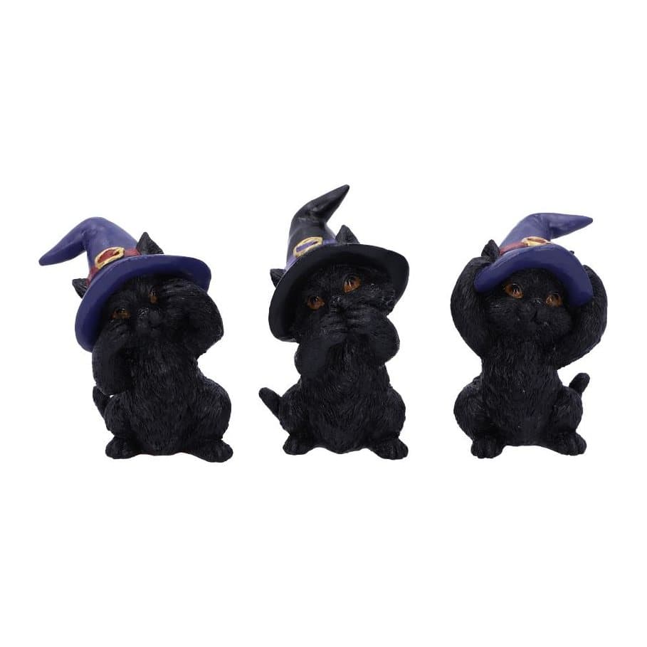Three black cats in witches' hats covering mouth, ears and eyes