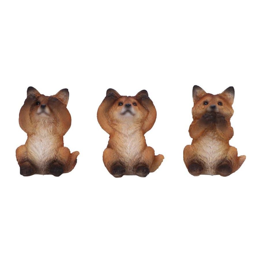 Three resin fox cub figurines with hand-painted details