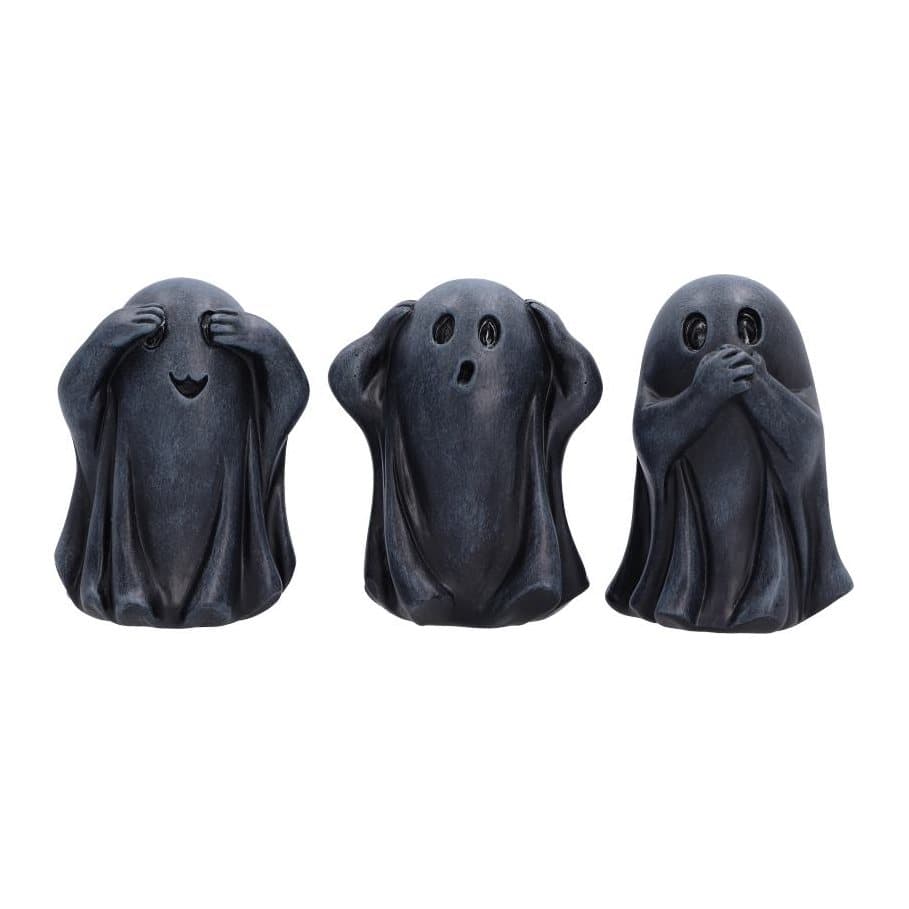 Three black ghost figurines in see no evil, hear no evil and speak no evil poses