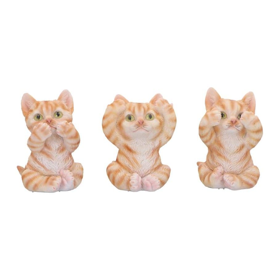 Three ginger tabby cat figurines in see no, hear no and speak no poses