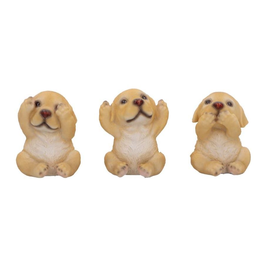 Three hand-painted golden Labrador figurines in see, hear and speak no evil poses