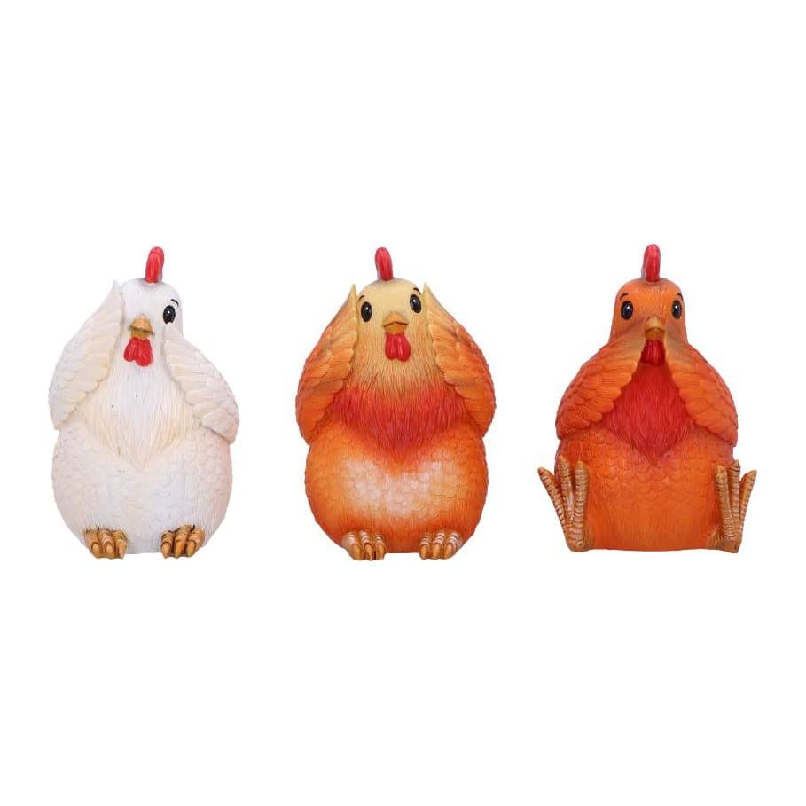 Three hand-painted resin hen figurines in see no, hear no and speak no evil poses