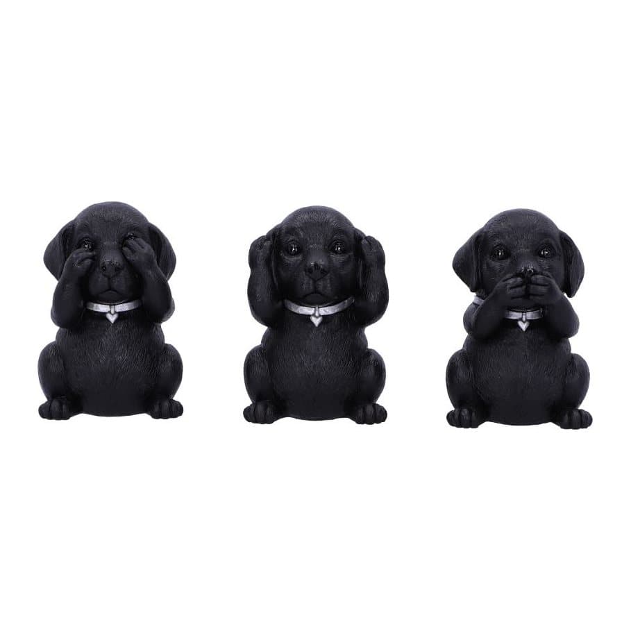 Three labrador pups side by side covering eyes, ears and mouth