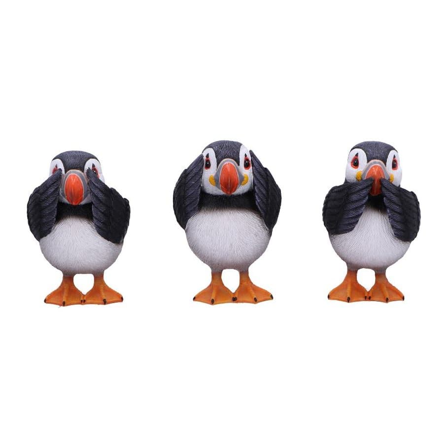 Three hand-painted puffin figurines covering their eyes, ears and mouth