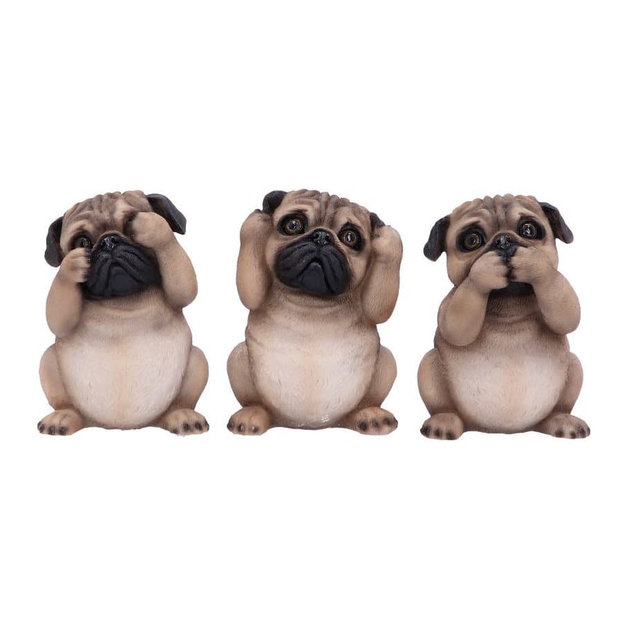 Three pug ornaments covering mouth, ears and eyes