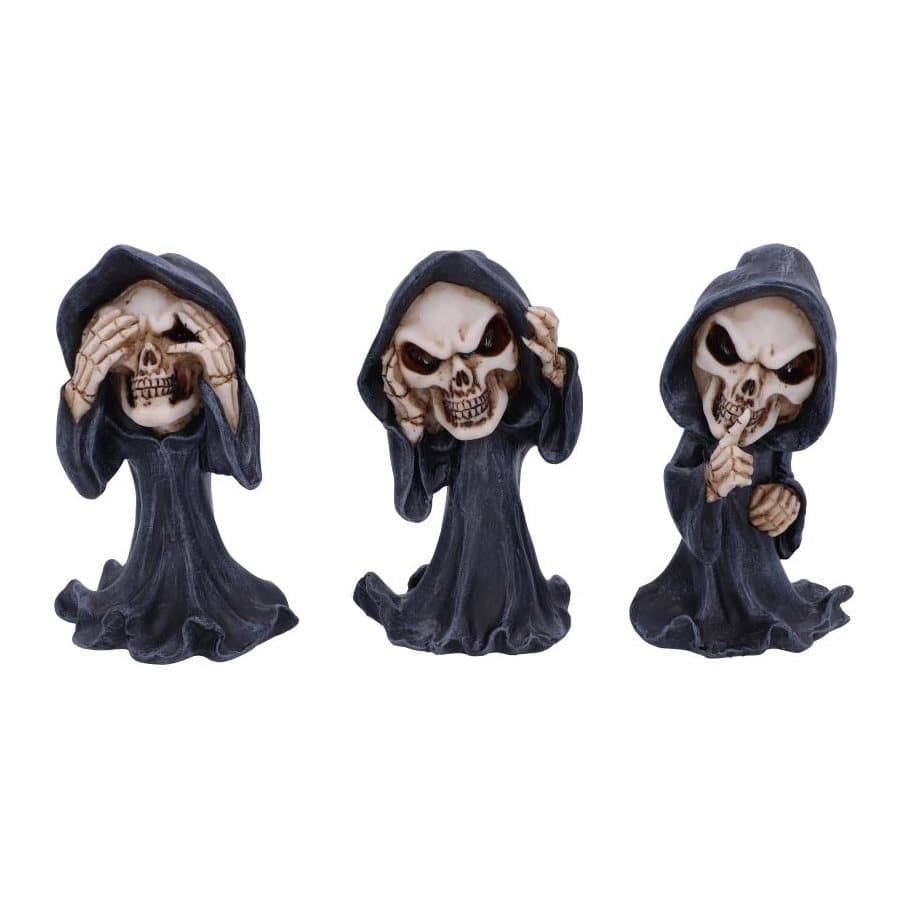 Three cartoon Grim Reaper figurines in black hooded cloaks covering eyes, ears and mouth