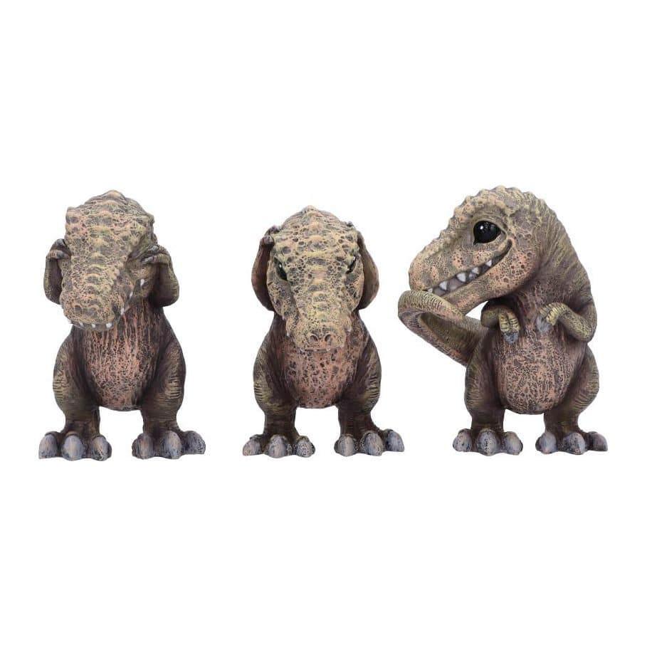 Three T-Rex figurines covering eyes, ears and mouth