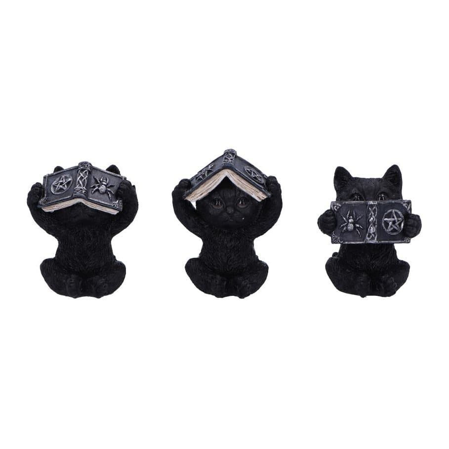 Three black resin kittens covering their eyes, ears and mouth with books