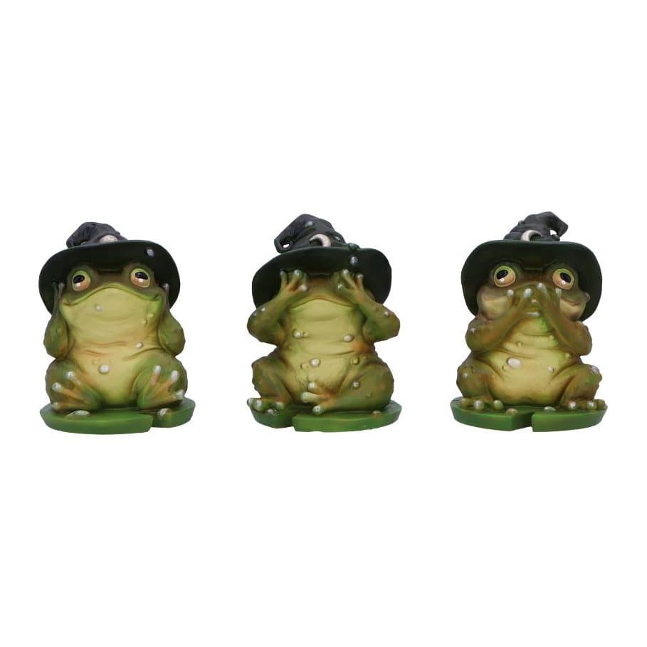 Three toad figurines in wizard hats, each with hands over its eyes, ears or mouth