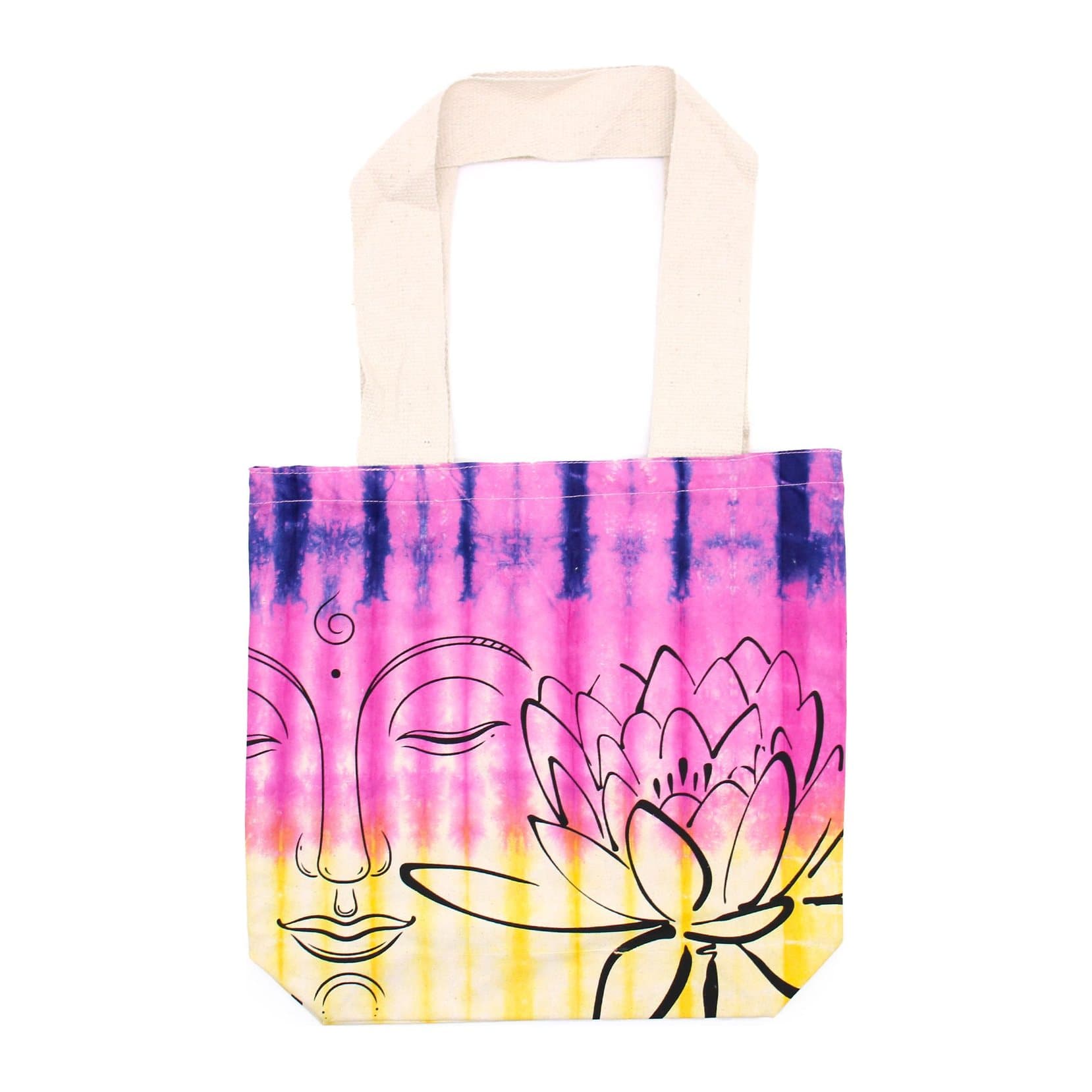Multicolour tie-dye cotton bag with a lotus Buddha pattern and a natural handle