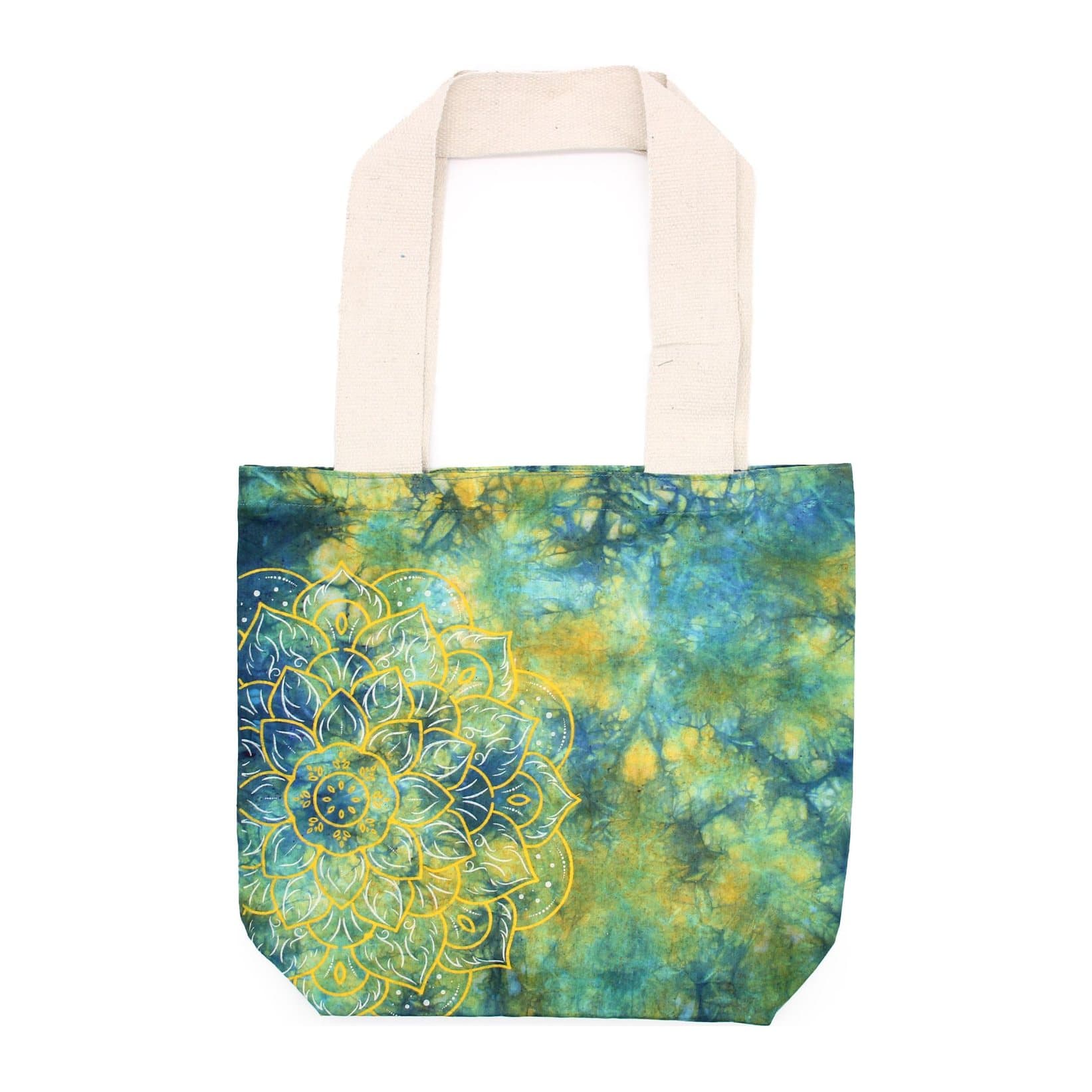 Green and blue tie-dye cotton bag with a mandala pattern and a natural handle