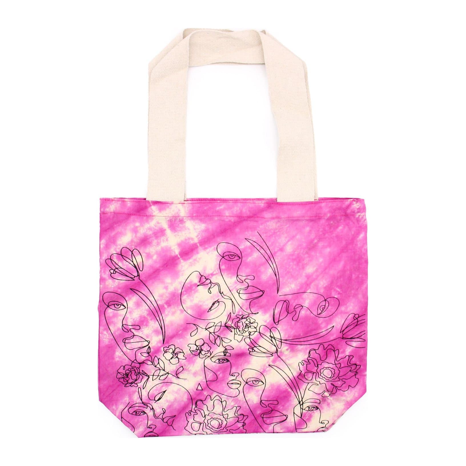 Magenta tie-dye cotton bag with a Pretty Face pattern and a natural handle