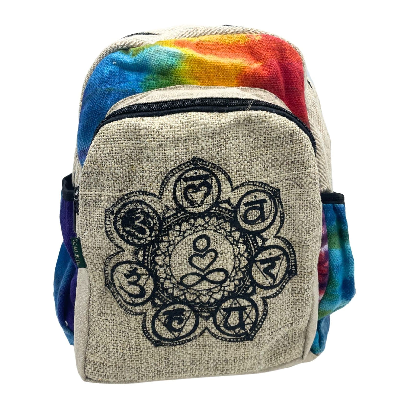 Medium tie-dye hemp backpack in the 7 chakra design