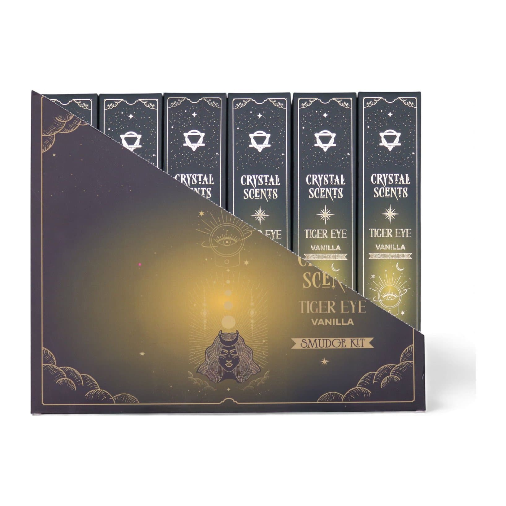 Vanilla smudge incense sticks with tiger eye chips in a golden cardboard sleeve