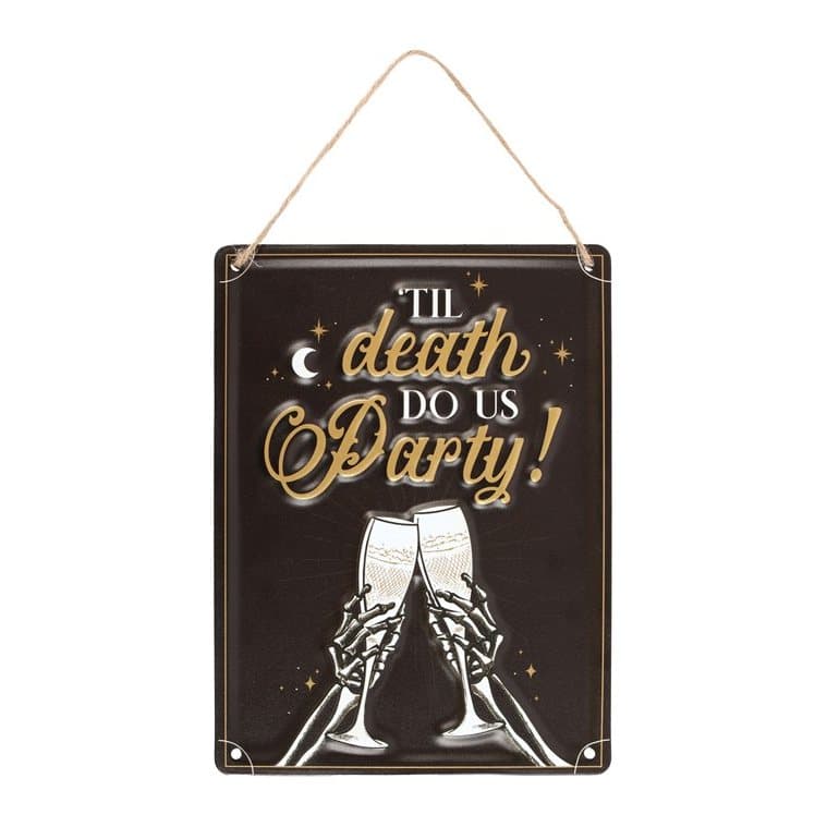 Hanging metal sign with two skeletons clinking glasses