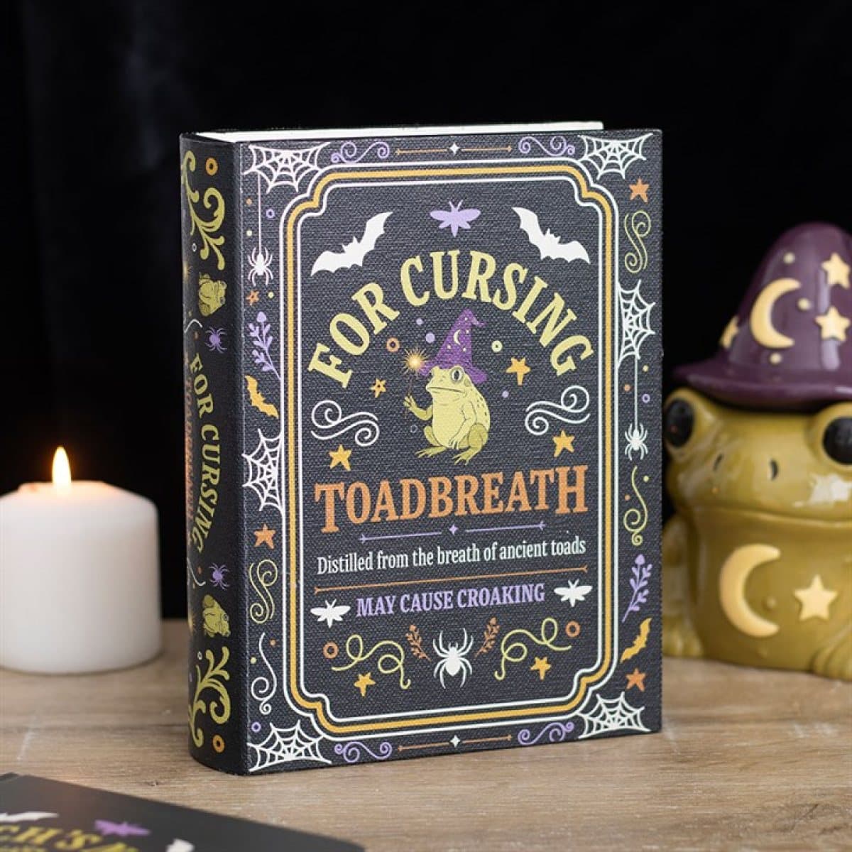 Spell book shaped storage box with Toadbreath For Cursing artwork