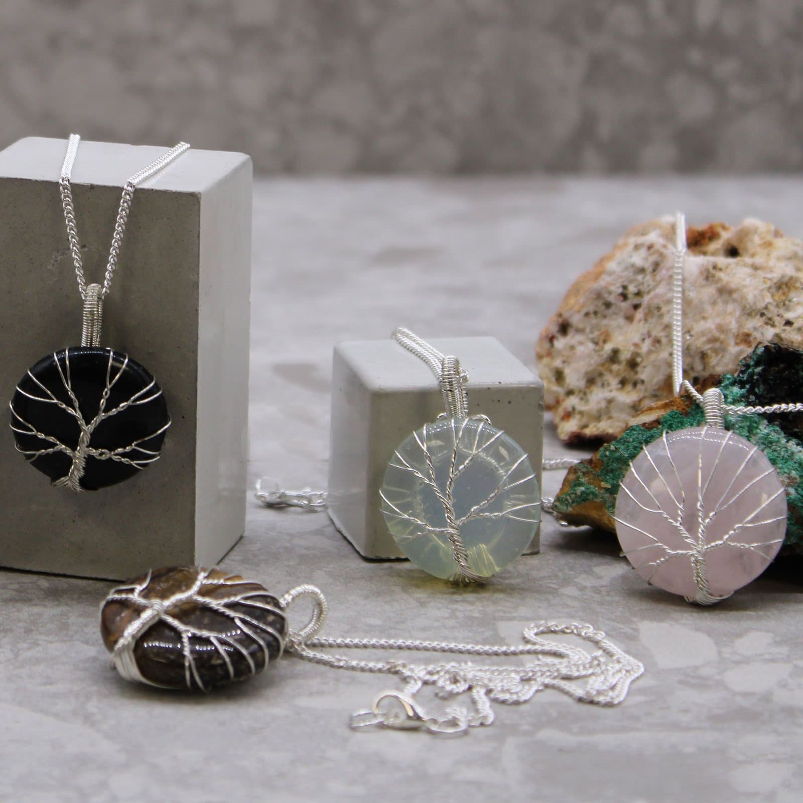 Tree of life gemstone necklace set with opalite, silver plated