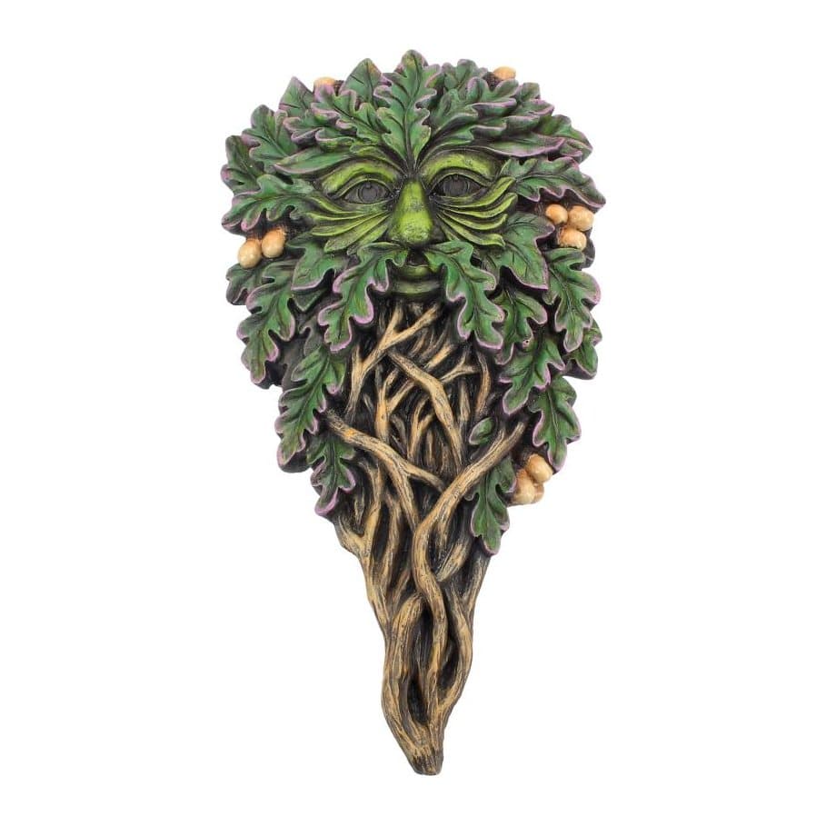 Tree spirit wall plaque with a face of green leaves and a long twisted-branch beard