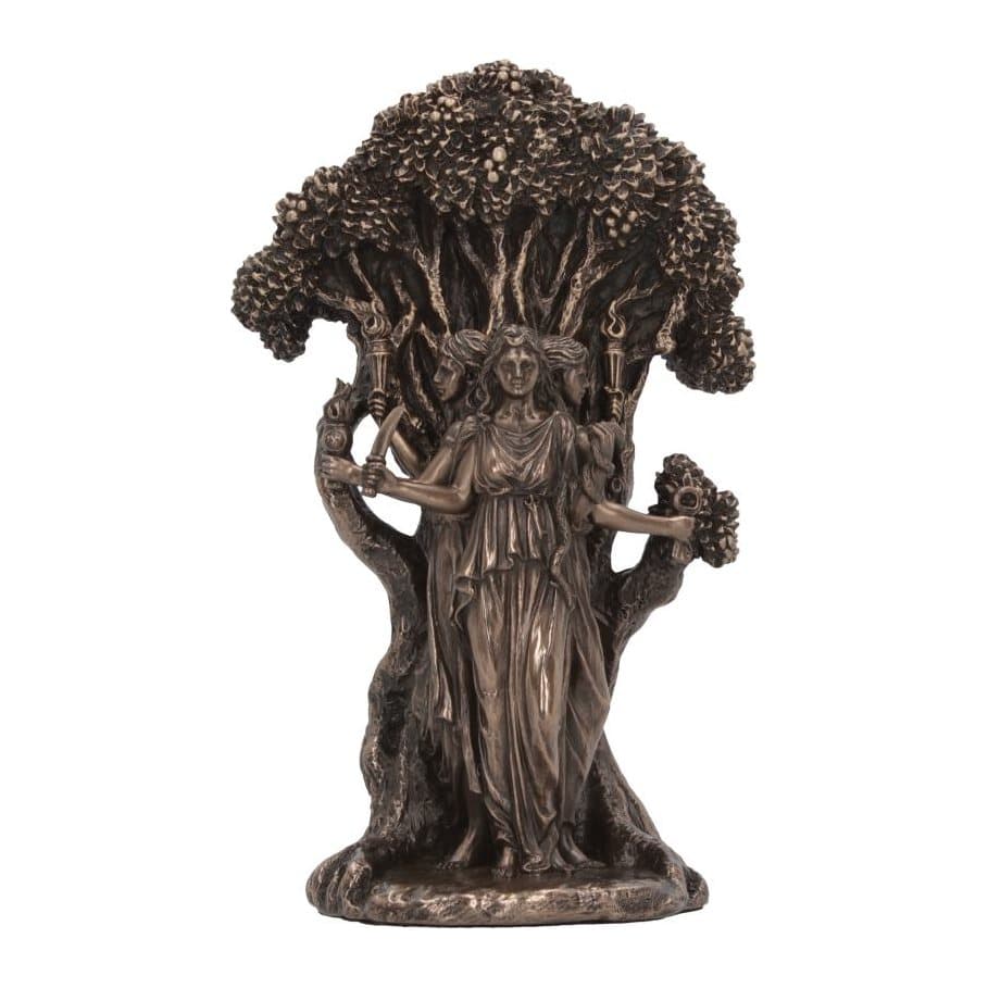 Bronze-finished figurine of three Hecate goddesses back to back beneath a tree