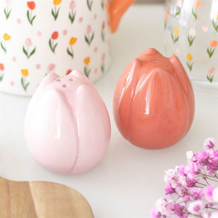Ceramic salt and pepper shakers shaped like tulip buds