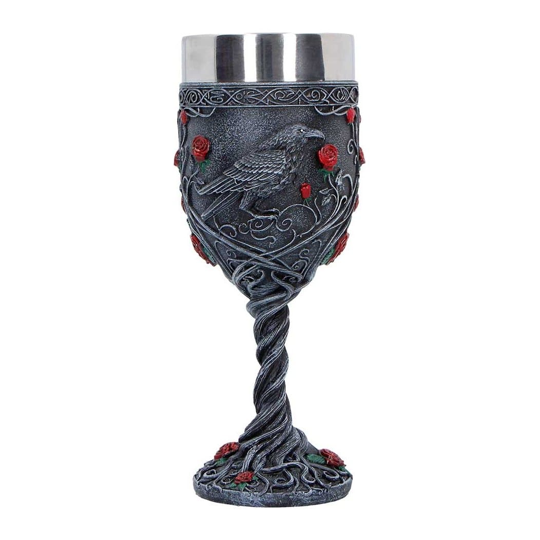 Black gothic goblet with ravens on either side and red roses on its twisted handle