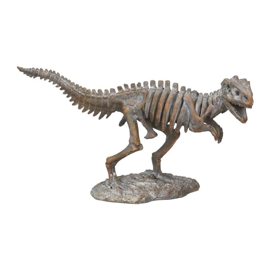 Resin T Rex skeleton figurine with its mouth open in a roar