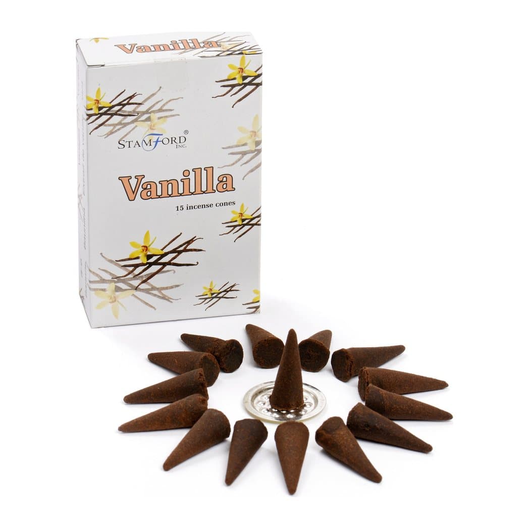 Pack of vanilla incense cones with a metal incense holder