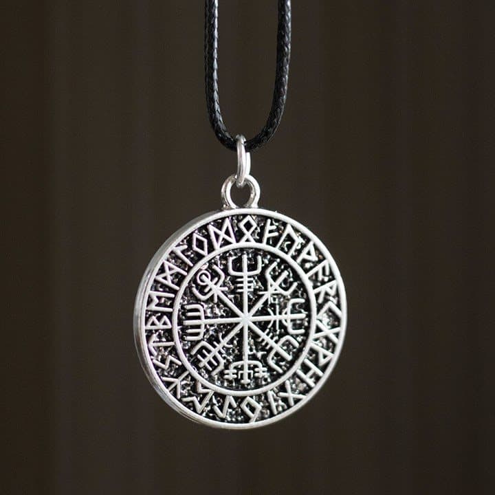 Vegvisir Viking compass necklace on a black cord