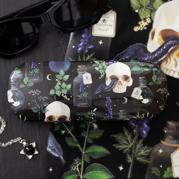 Gothic glasses case with an all-over print of skulls, serpents and poisonous plants