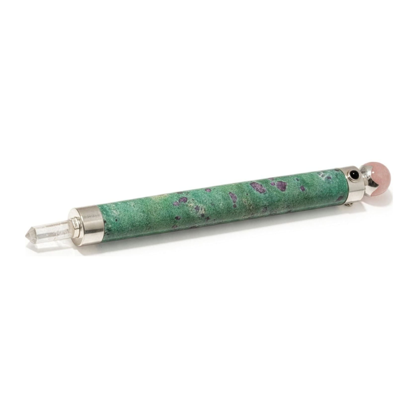 Verdant Heart Wand with a green ruby fuchsite body and a rose quartz crystal ball top
