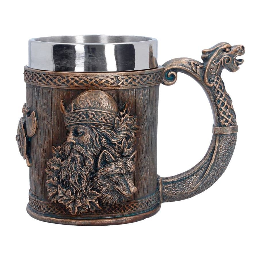 Viking ship tankard in dark brown wood-effect finish with a bow-shaped handle