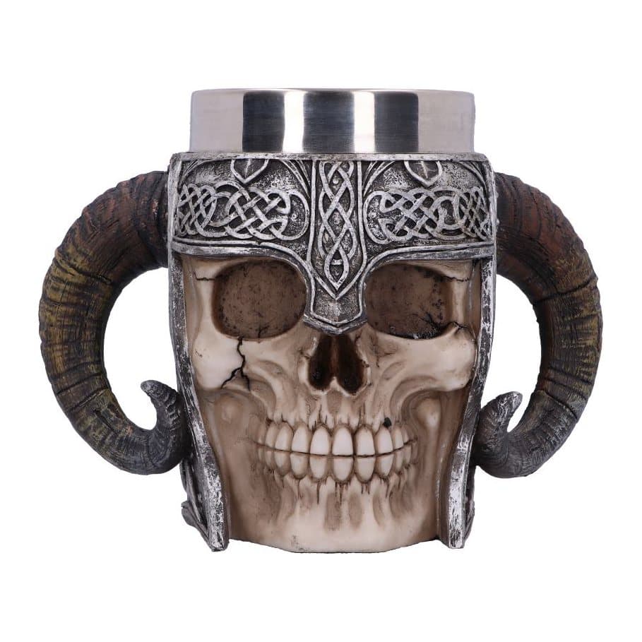 Viking skull helmet tankard with ram's horn handles