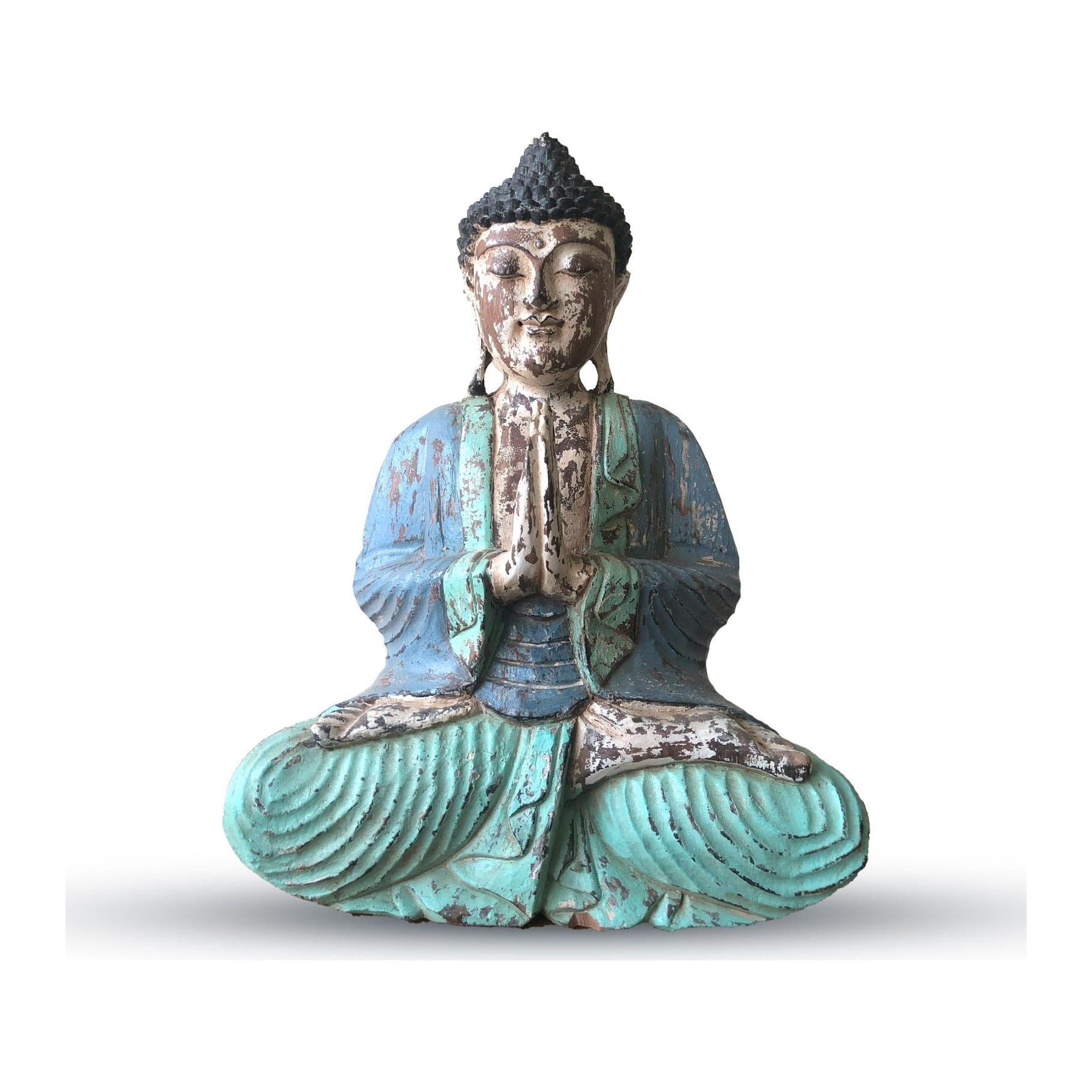 Vintage blue mint hand carved Buddha statue, Welcome style